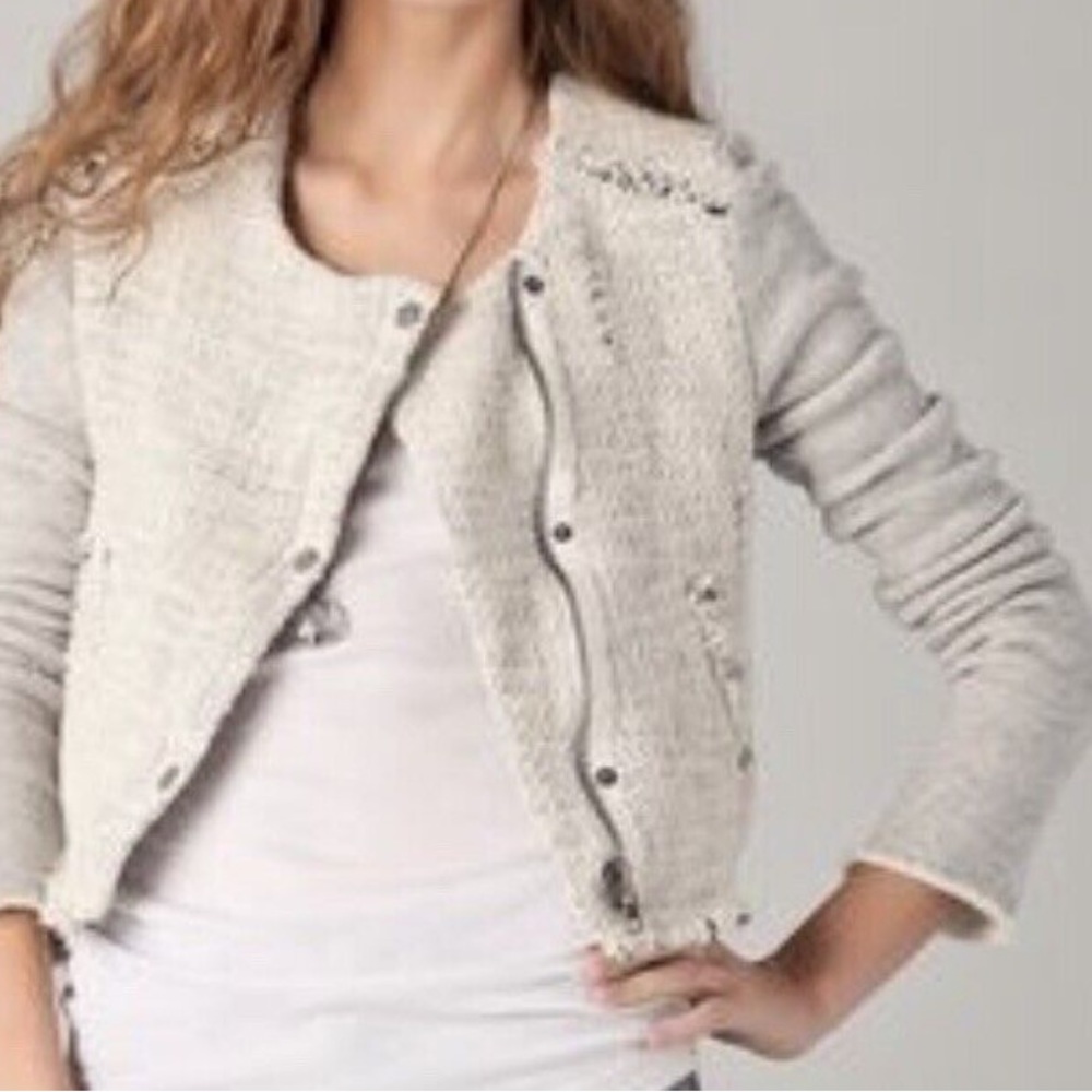 Free People We the Free Cropped Tattered Tweed Grey Moto Long Sleeve Jacket